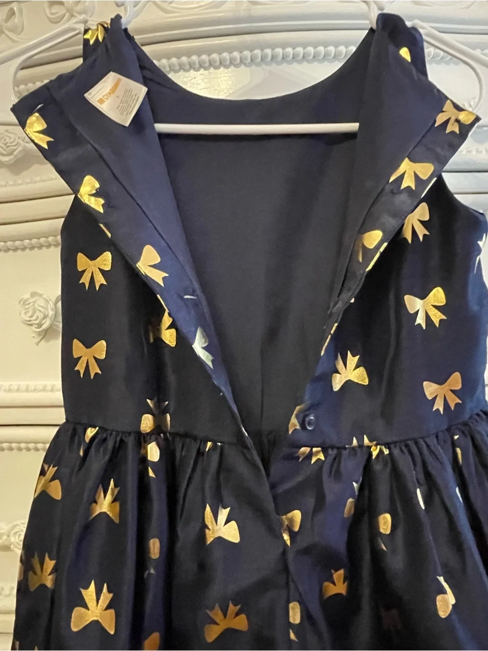 Size 7 GYMBOREE Girls Navy Bow-Print Party Dress with Metallic Gold Accents